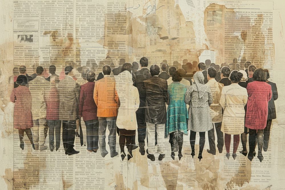 Crowd of diverse people ephemera border newspaper painting collage.