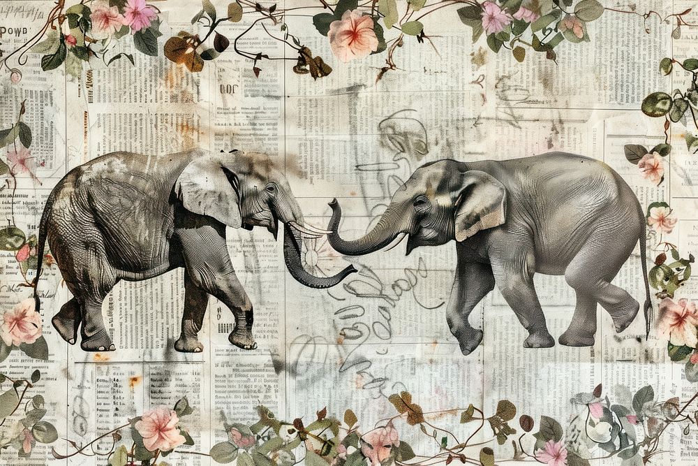 Two elephants dancing ephemera border backgrounds wildlife drawing.