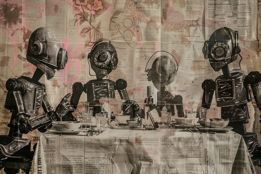 Robots having a dinner party ephemera border painting representation creativity.
