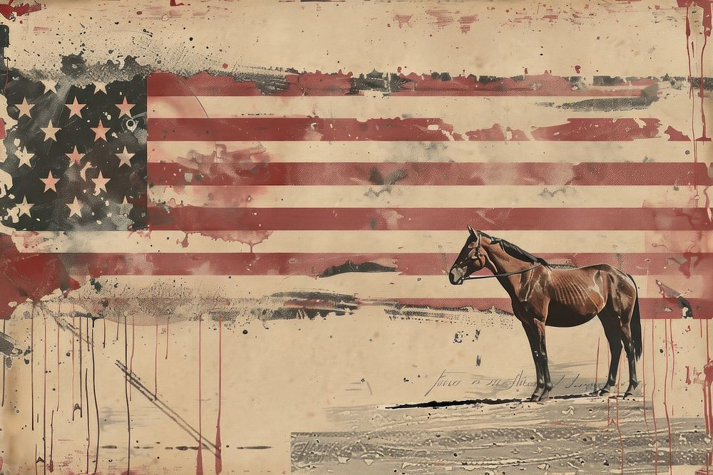 Woman horse large american flag ephemera border animal mammal transportation.