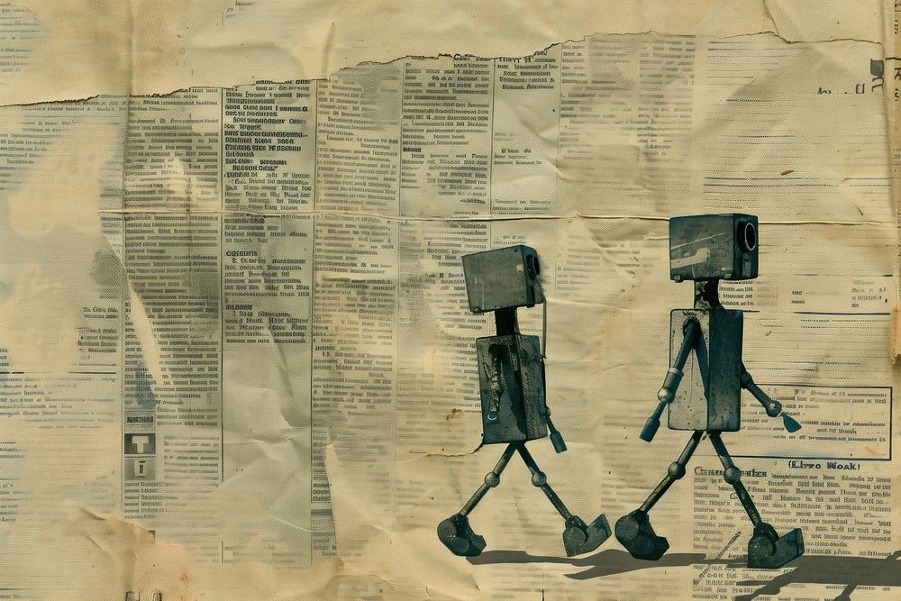 Robots walking ephemera border text newspaper drawing.