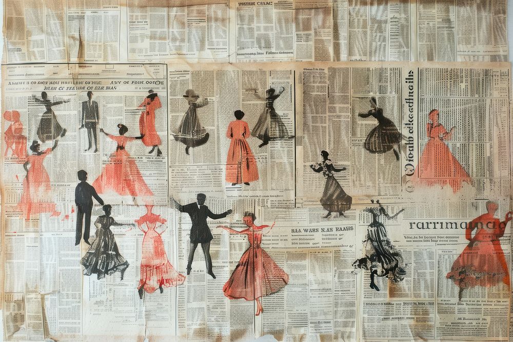 People dancing ephemera border backgrounds newspaper collage.