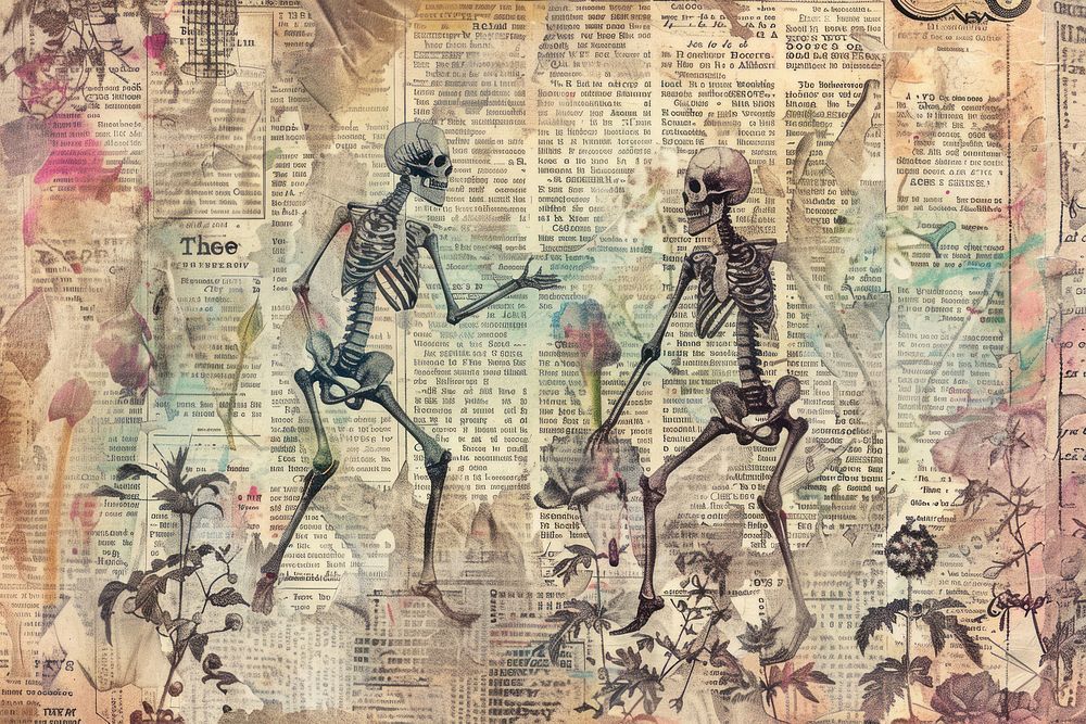 Skeletons dancing ephemera border drawing paper text.