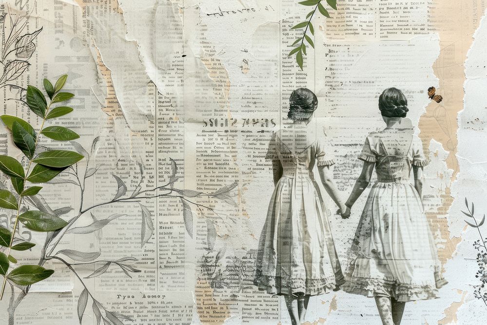 Lesbien women holding hands ephemera border newspaper drawing collage.