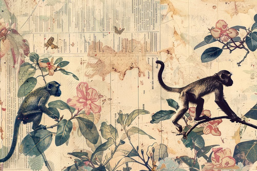 Monkeys walking ephemera border backgrounds wildlife painting.