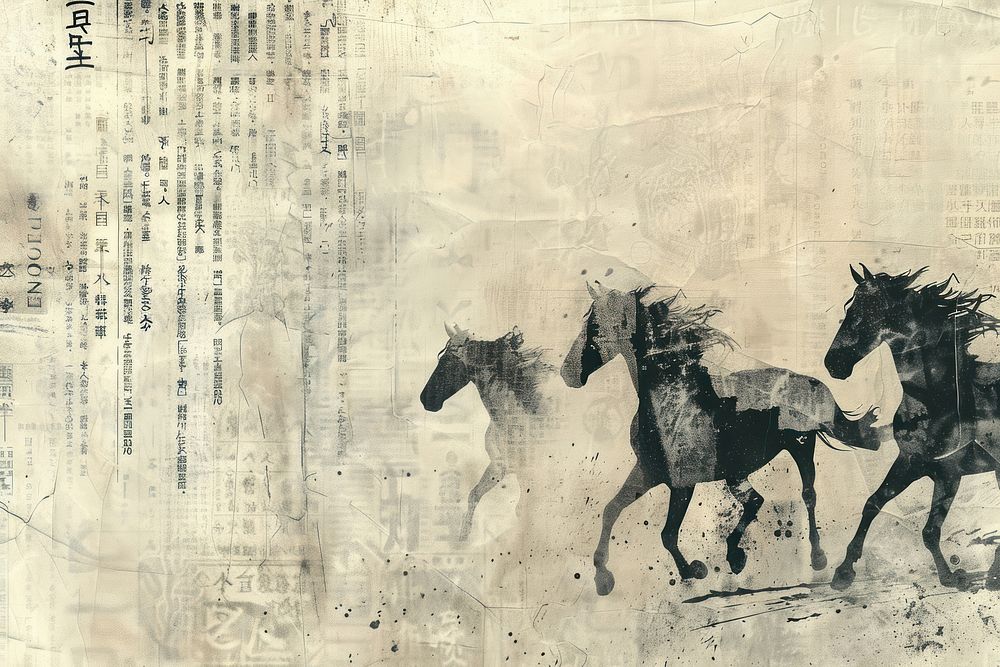 Chinese ink horses ephemera border backgrounds drawing animal.
