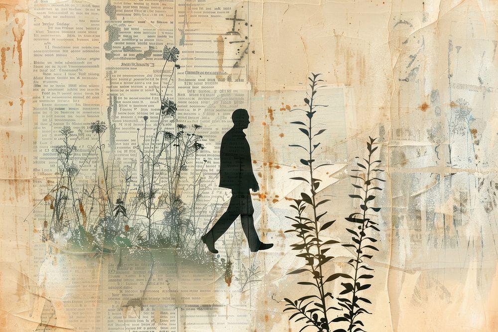 Mysterious man walking nature silhouette ephemera border painting drawing plant.