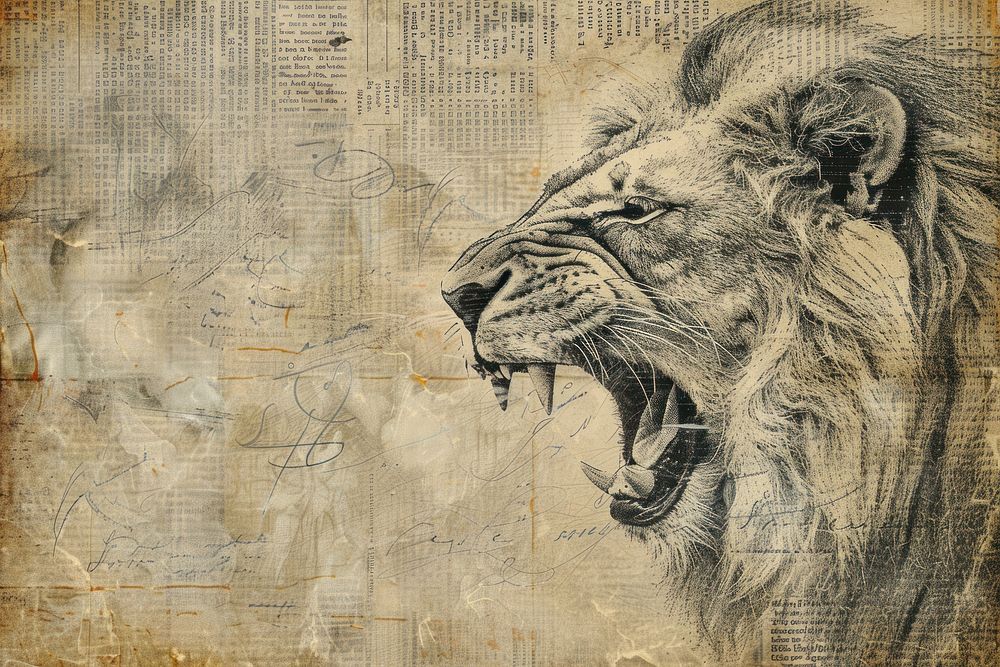 Lion roaring ephemera border backgrounds wildlife painting.