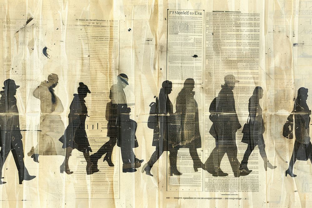 People walking ephemera border newspaper backgrounds drawing.
