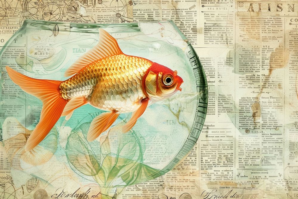 Goldfish jumping bowl ephemera border animal paper underwater.