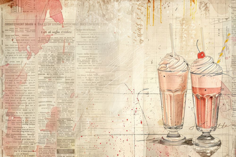 Vintage milkshakes ephemera border newspaper dessert drawing.