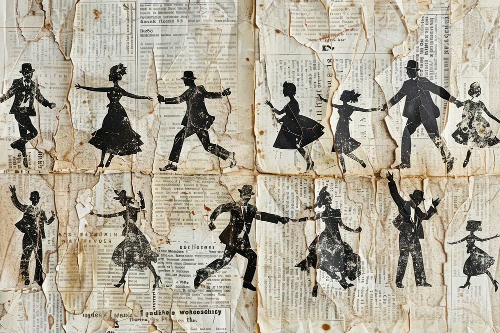People dancing ephemera border collage newspaper drawing.