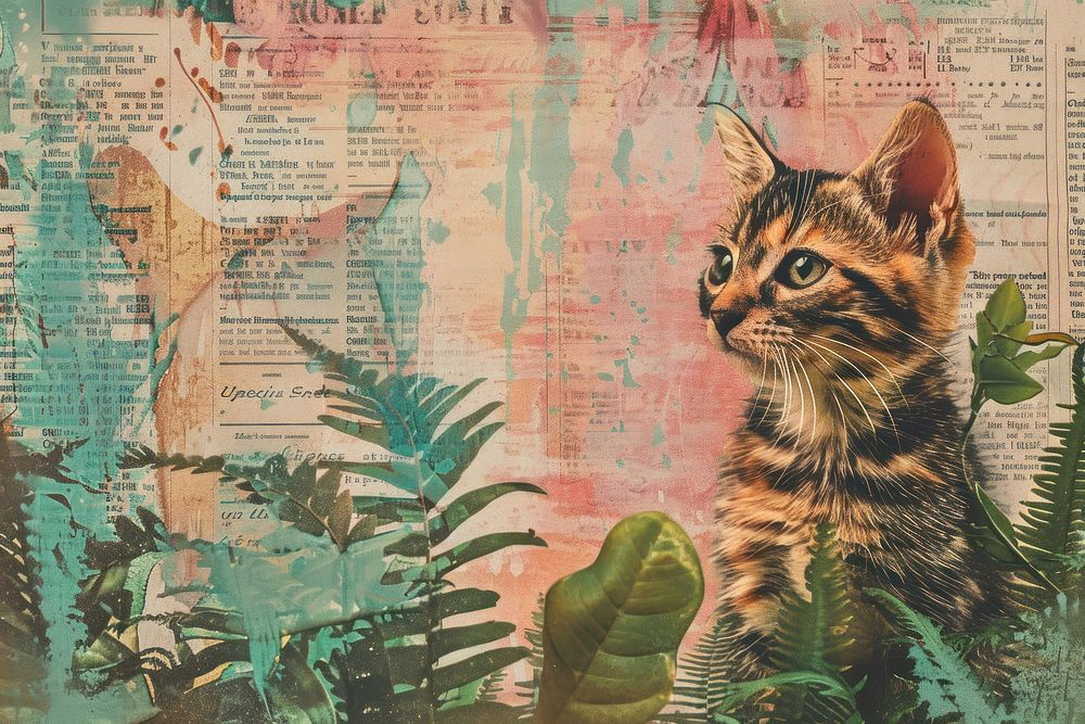 Neon cat ephemera border painting collage animal.