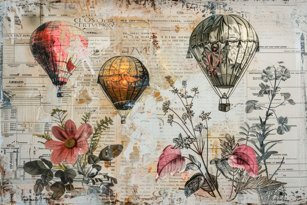 Hot air balloons ephemera border collage backgrounds painting.