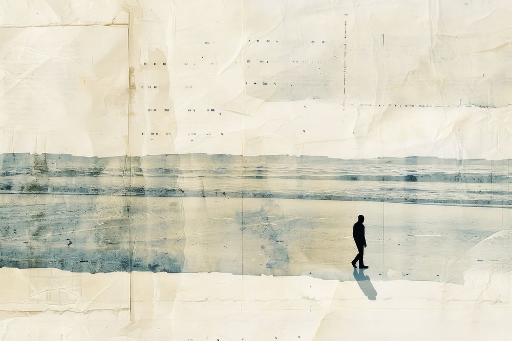 Person alone walking beach ephemera border backgrounds drawing paper.