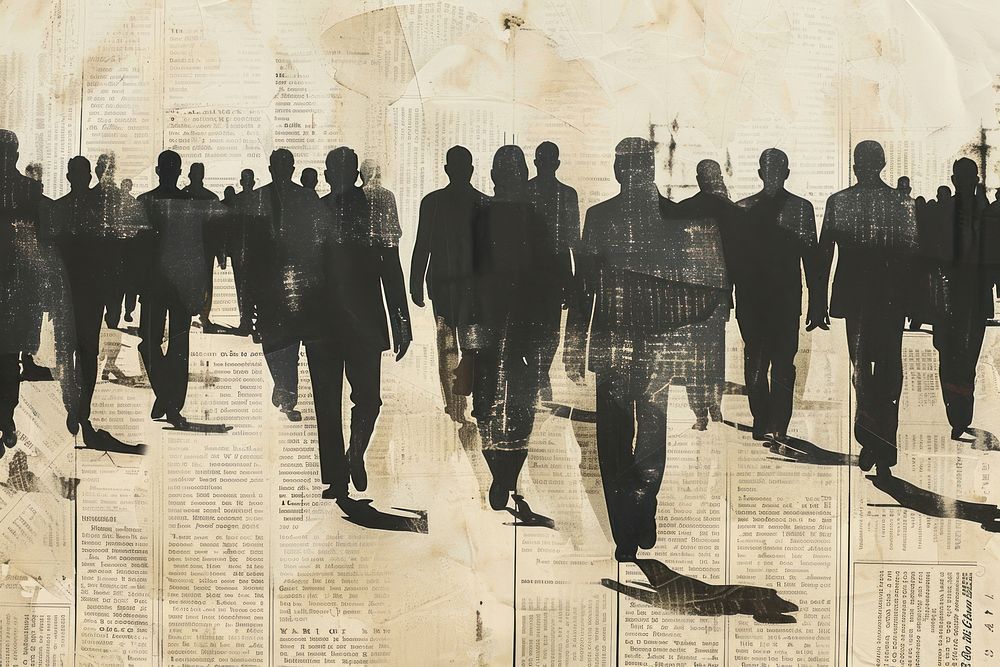 Men in black suits walking crowd ephemera border newspaper backgrounds drawing.