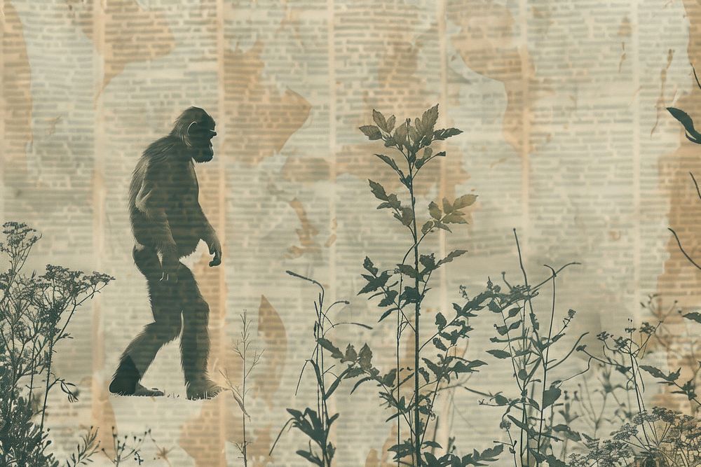 Ape man evolution walking ephemera border drawing text art.