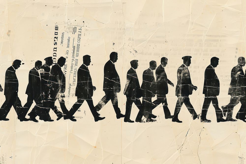 Men in black suits walking crowd ephemera border drawing adult paper.