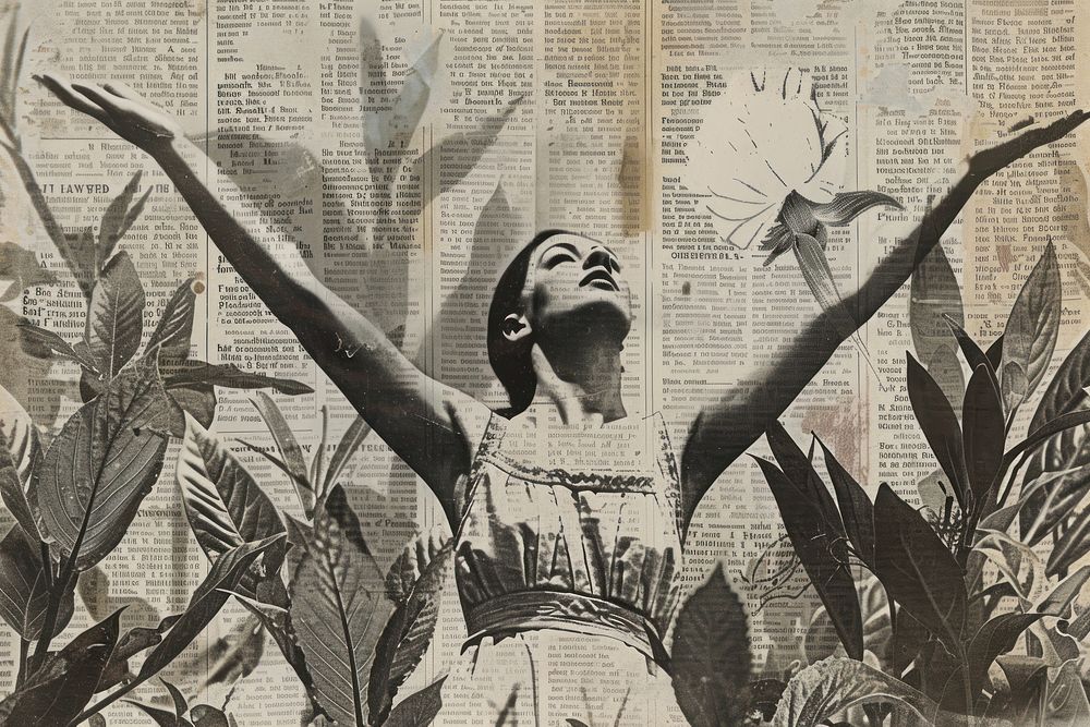 Woman arms stretched nature ephemera border newspaper drawing collage.