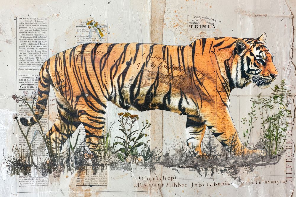 Tiger walking ephemera border wildlife drawing animal.