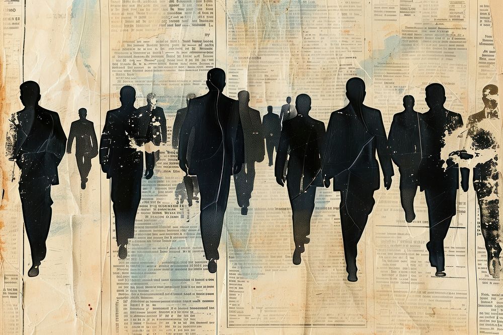Men in black suits walking crowd ephemera border backgrounds silhouette newspaper.