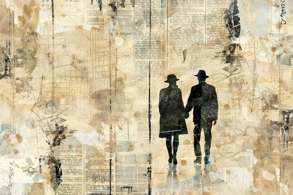 Couple walking walking ephemera border backgrounds drawing collage.