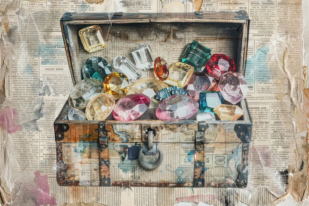 Treasure chest overflowing with gems ephemera border accessories creativity container.