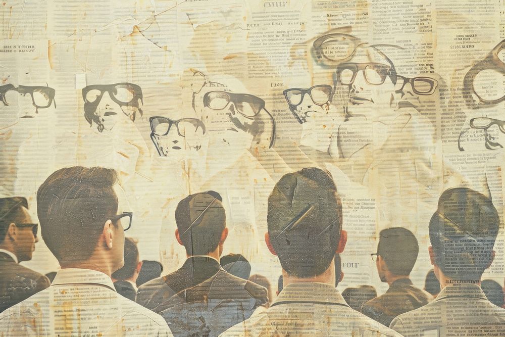 People 3d glasses crowd ephemera border backgrounds newspaper painting.