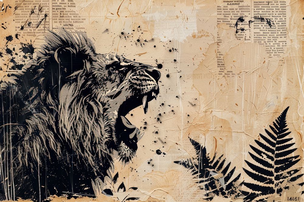 Lion roaring ephemera border backgrounds wildlife drawing.