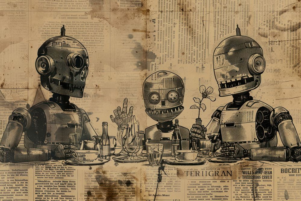 Robots having a dinner party ephemera border representation history cartoon.