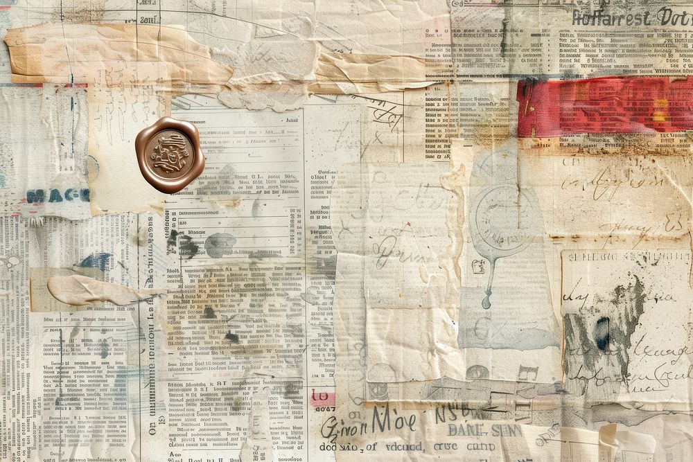 Old letters wax seal ephemera border backgrounds newspaper collage.