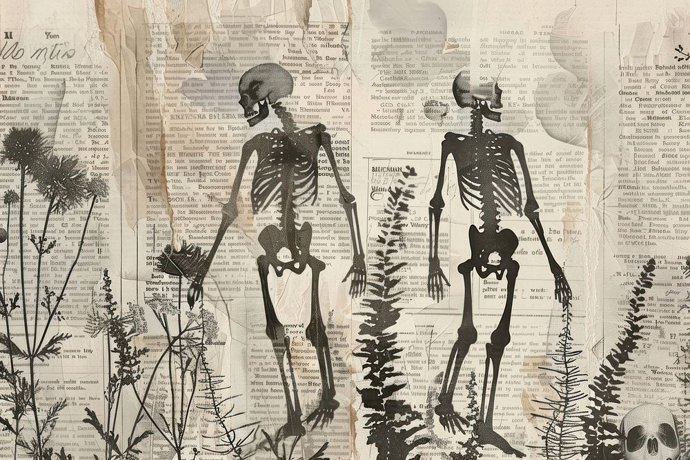 Skeletons walking ephemera border drawing paper representation.