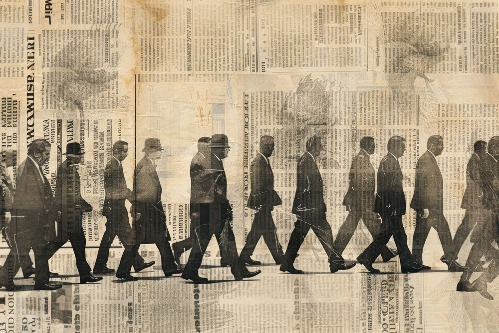 Men in black suits walking crowd ephemera border newspaper drawing adult.
