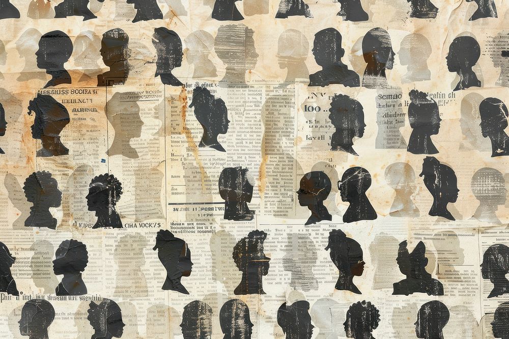 Crowd of diverse people black faces ephemera border collage backgrounds newspaper.