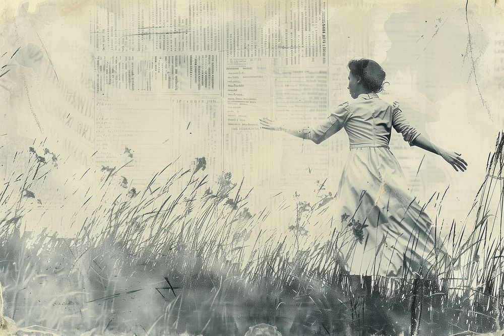 Women meadow arms out peaceful ephemera border outdoors painting drawing.