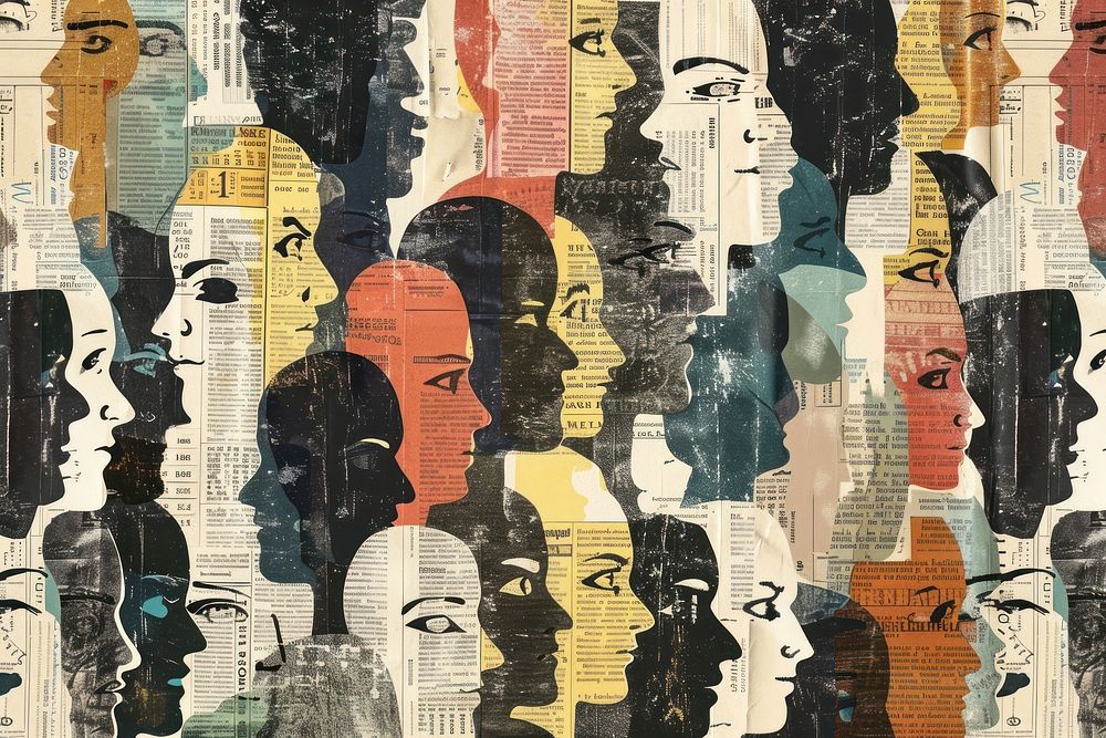 Many diverse faces close up multi ethnic humans ephemera border collage backgrounds drawing.