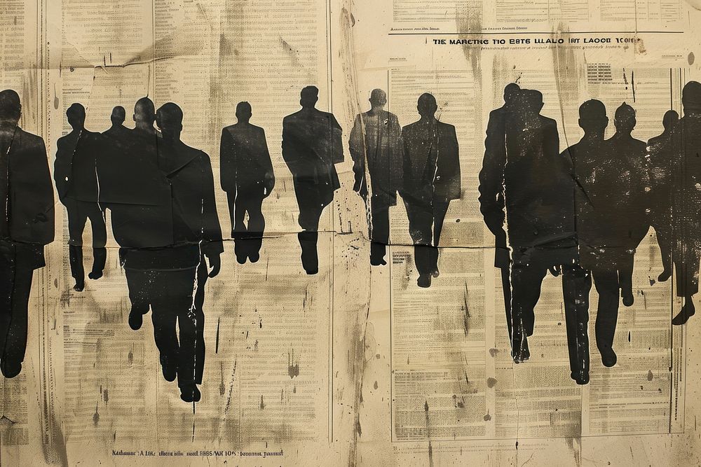 Men in black suits walking crowd ephemera border newspaper silhouette drawing.