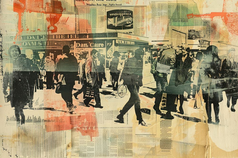 Crowded shopping scene ephemera border collage backgrounds painting.