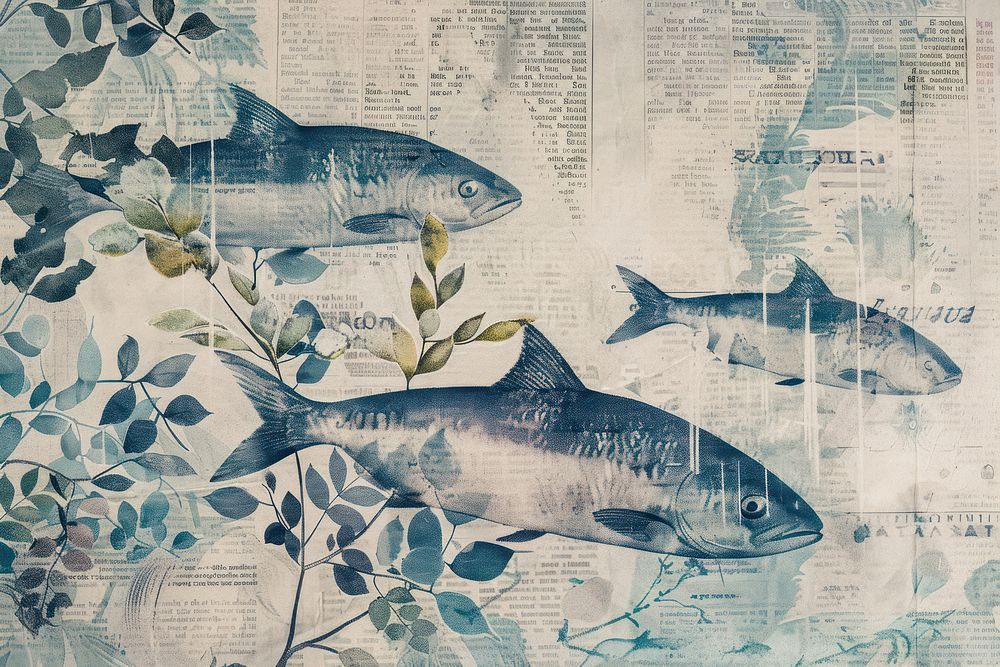 Deep ocean fish ephemera border drawing animal text.