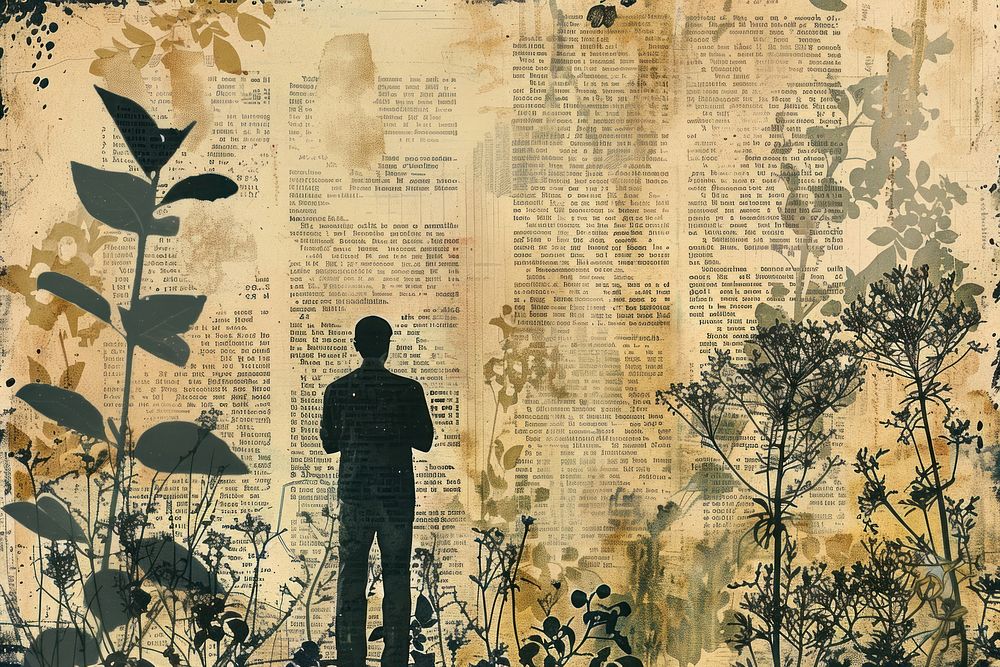 Mysterious man walking nature silhouette ephemera border backgrounds newspaper drawing.