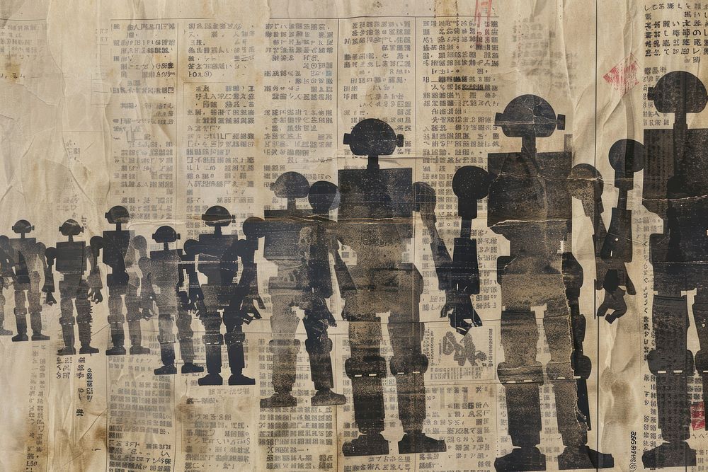 Robots crowd marching ephemera border backgrounds drawing text.