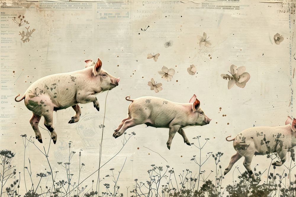 Pigs flying ephemera border livestock wildlife animal.