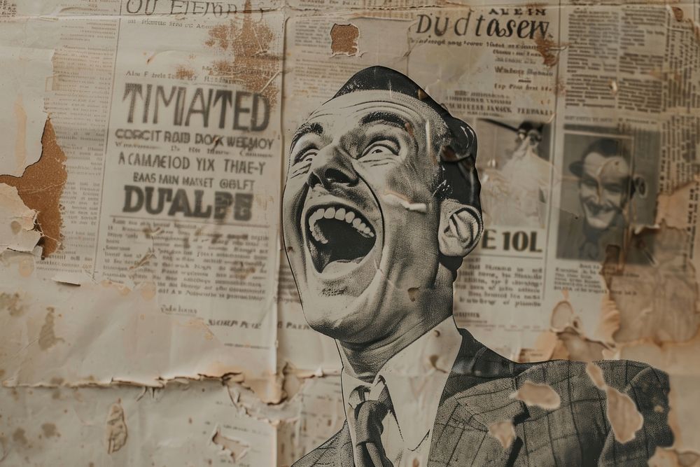 Vintage man suit face laughing ephemera border text newspaper shouting.