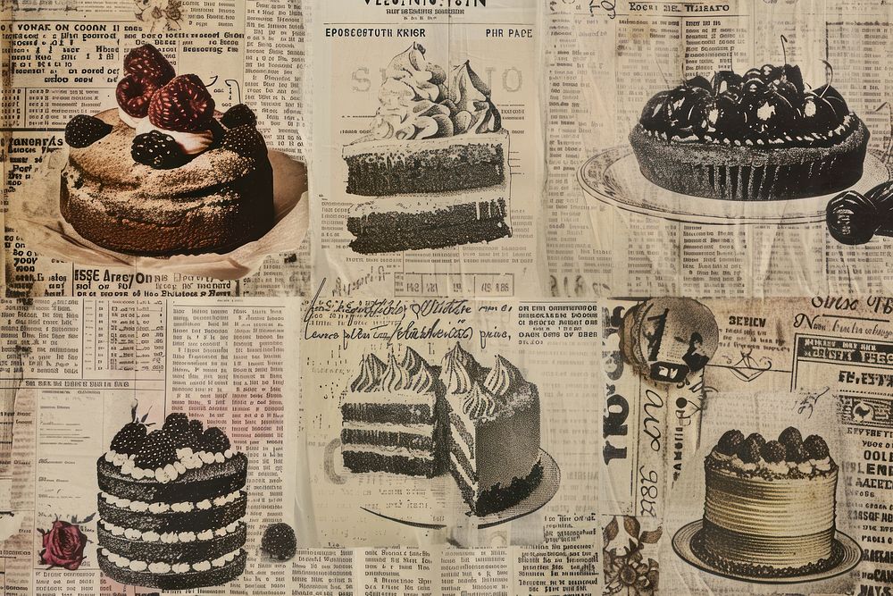 Vintage cakes ephemera border text newspaper dessert.