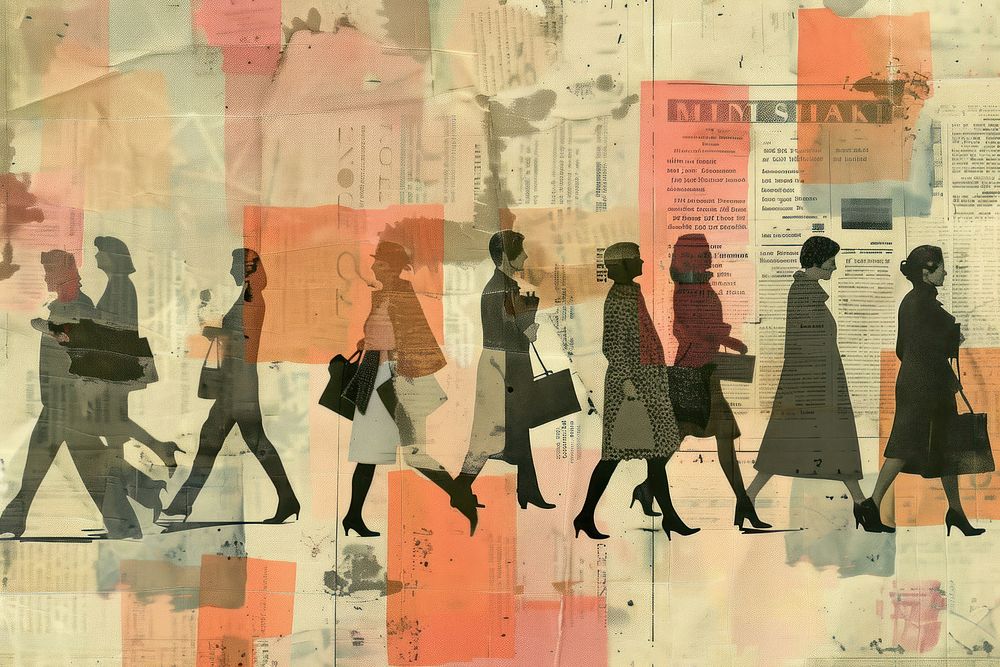 Diverse business women walking ephemera border collage backgrounds footwear.