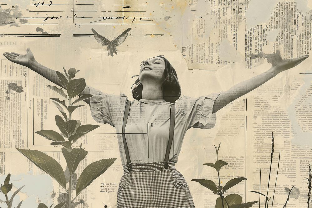 Woman arms stretched nature ephemera border drawing collage adult.