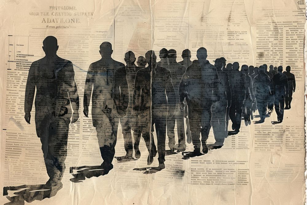 Men in black suits walking crowd ephemera border newspaper drawing poster.