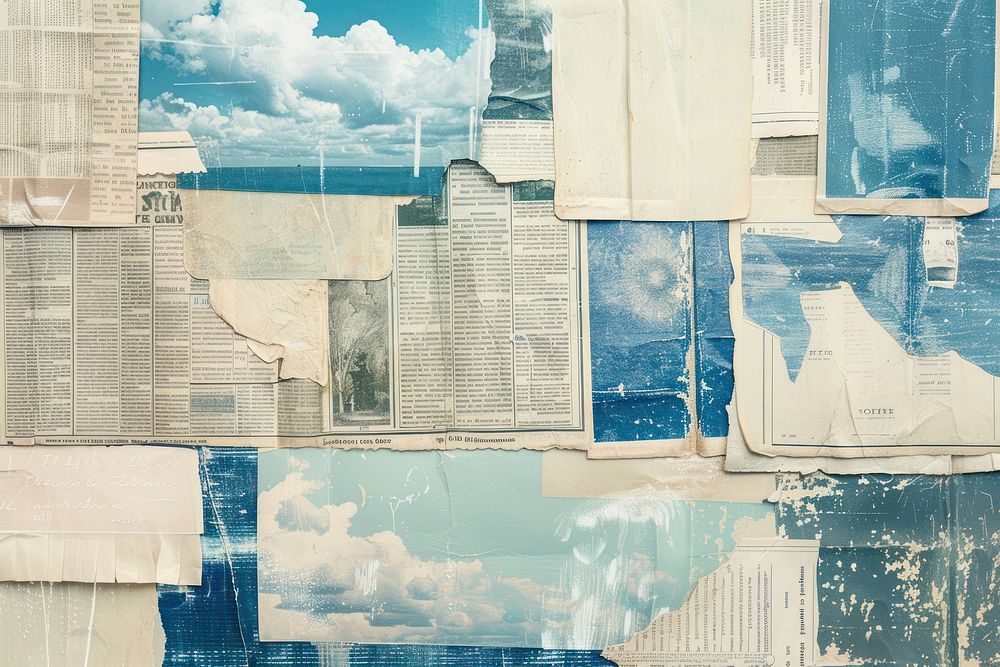 Blue sky ephemera border backgrounds collage text.