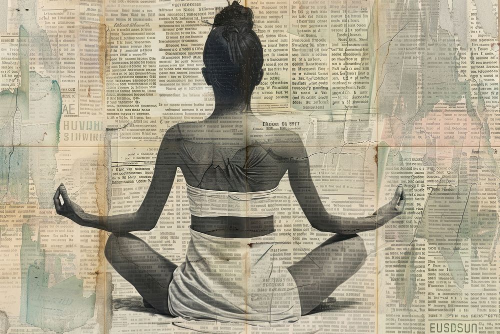 Woman meditating ephemera border newspaper drawing adult.