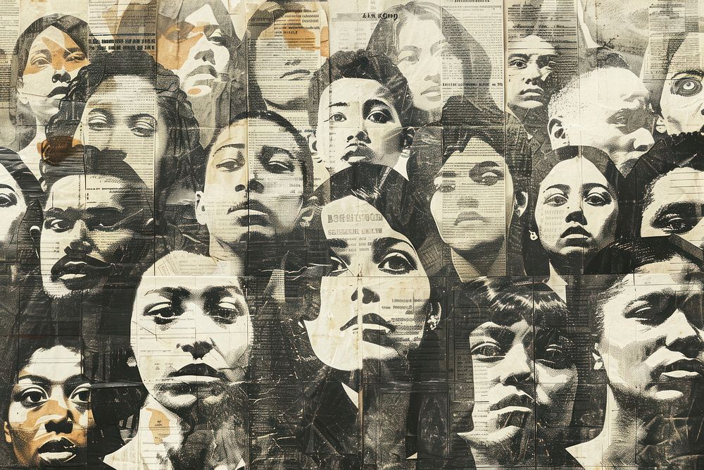 Crowd of diverse people black faces ephemera border collage backgrounds portrait.